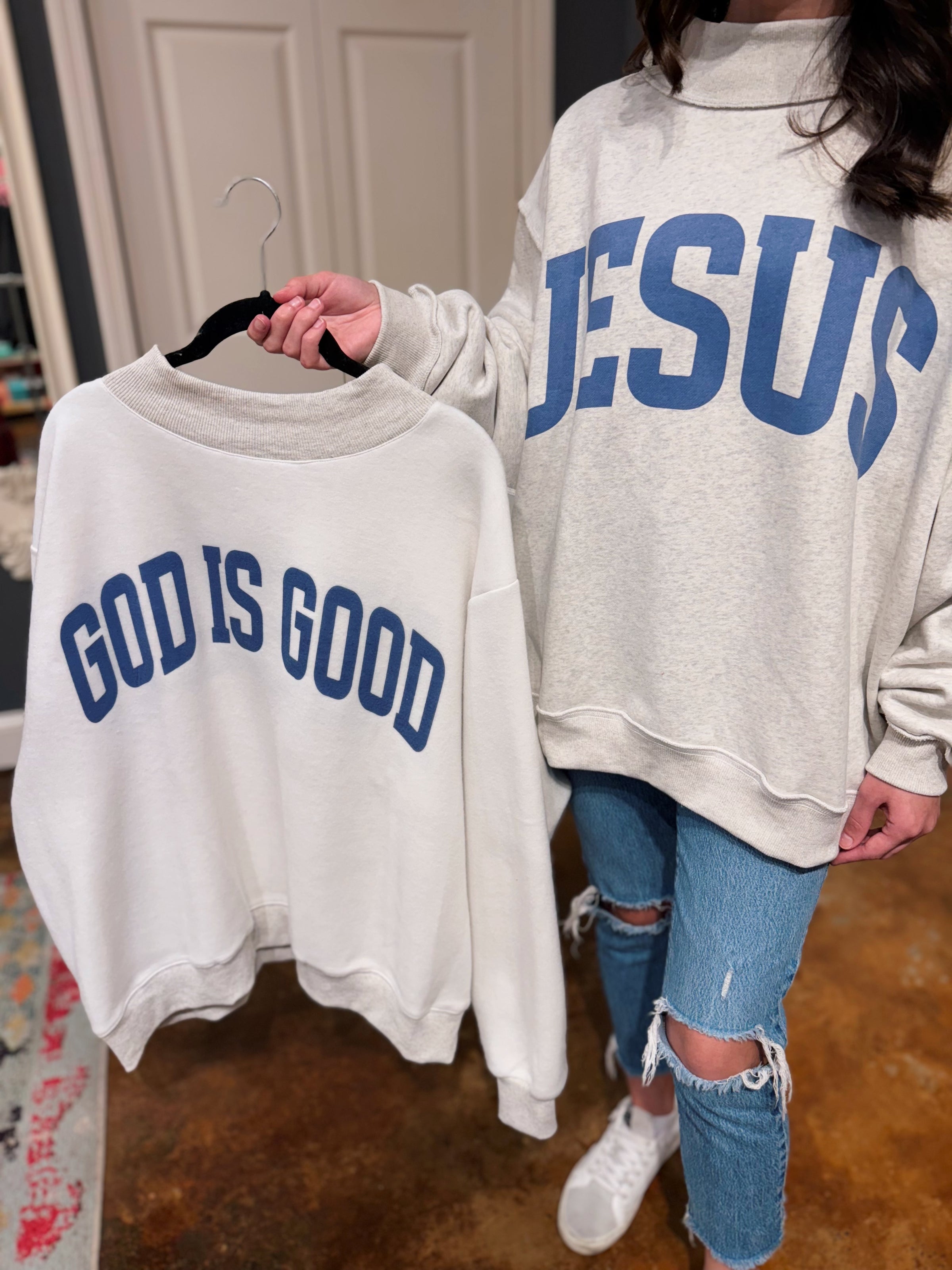 JESUS & GOD IS GOOD Reversible Mockneck Sweatshirt | Lipchic Boutique