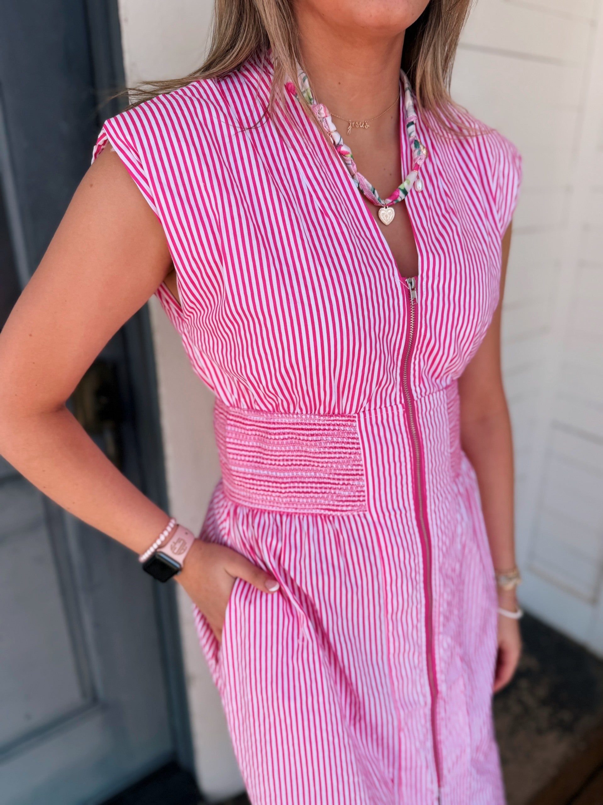 Carole Christian Pink Stripe Zip Maxi Dress | Lipchic Boutique