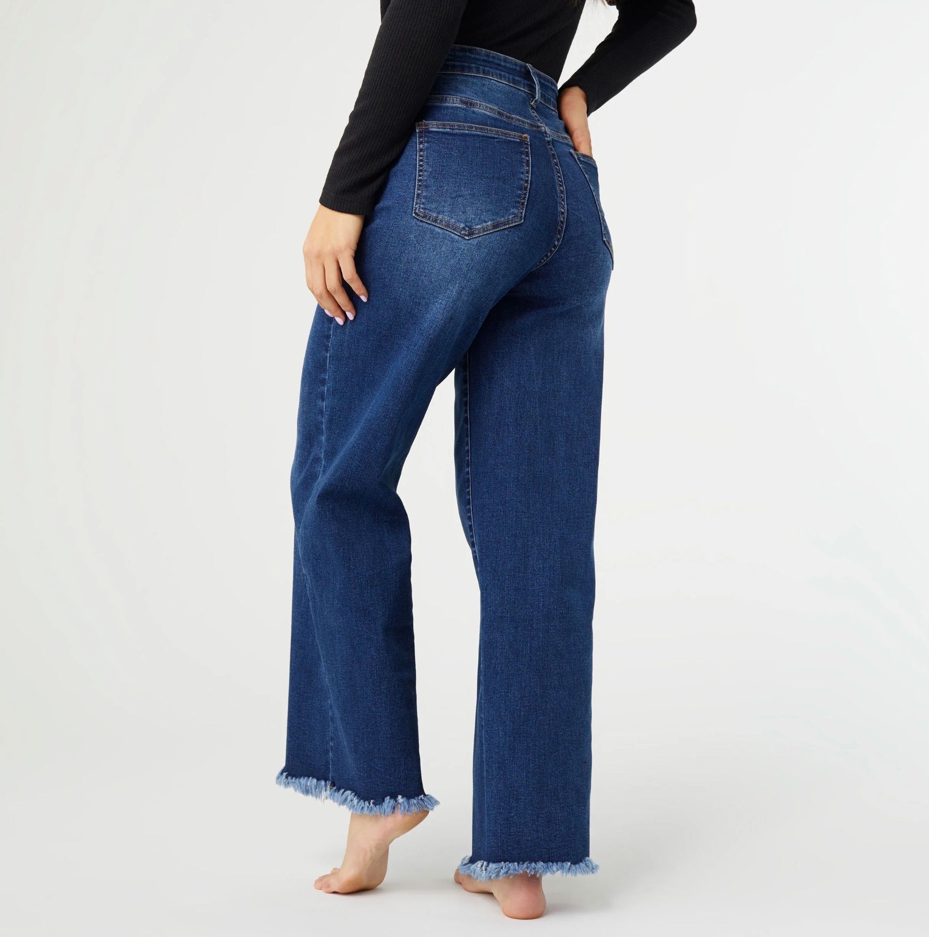 Coco + Carmen Everstretch Wide Leg Jeans w/ Frayed Bottom - Dark
