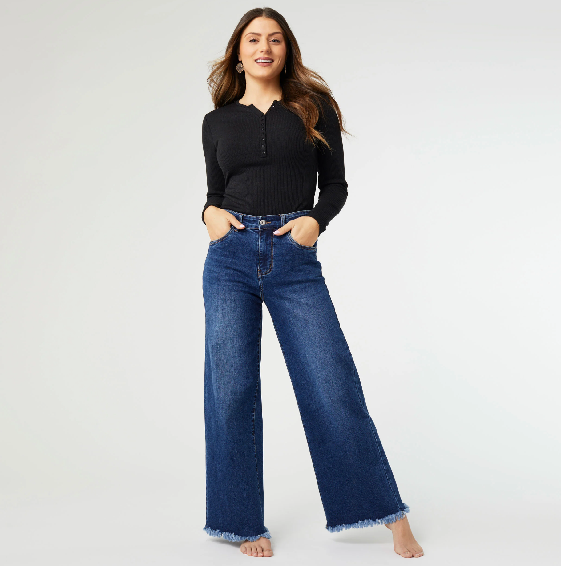 Coco + Carmen Everstretch Wide Leg Jeans w/ Frayed Bottom - Dark