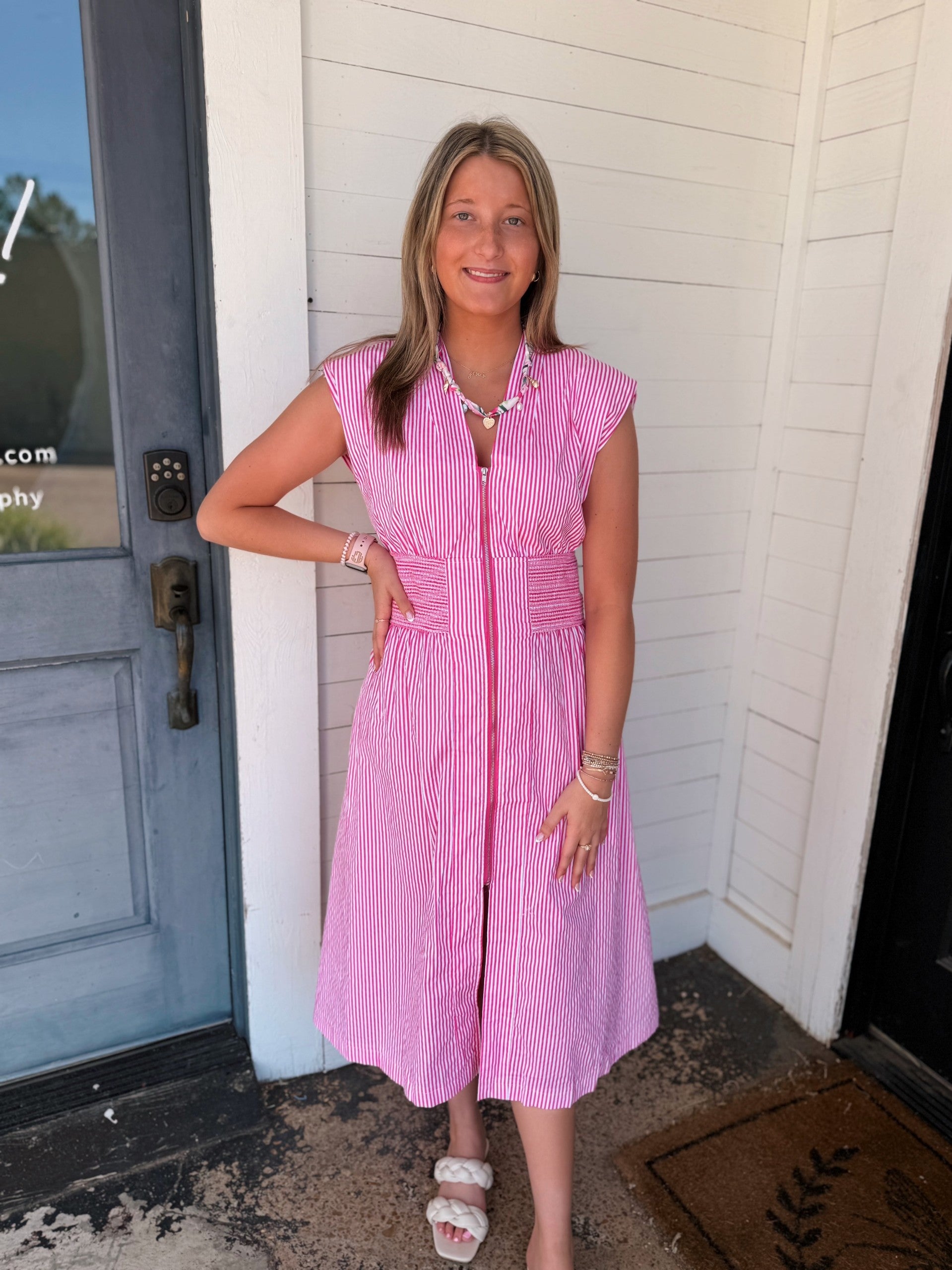 pink zip dress Modern Zip Up Cap Sleeve Sheath Dress - Aurora Pink