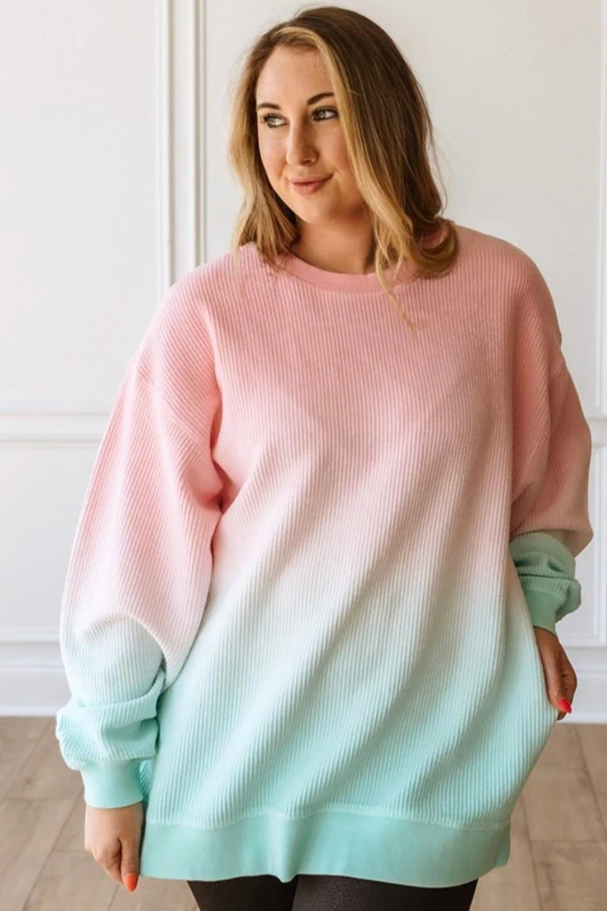 Ombre Luxury Corded Crew Sweatshirt Pink Mint
